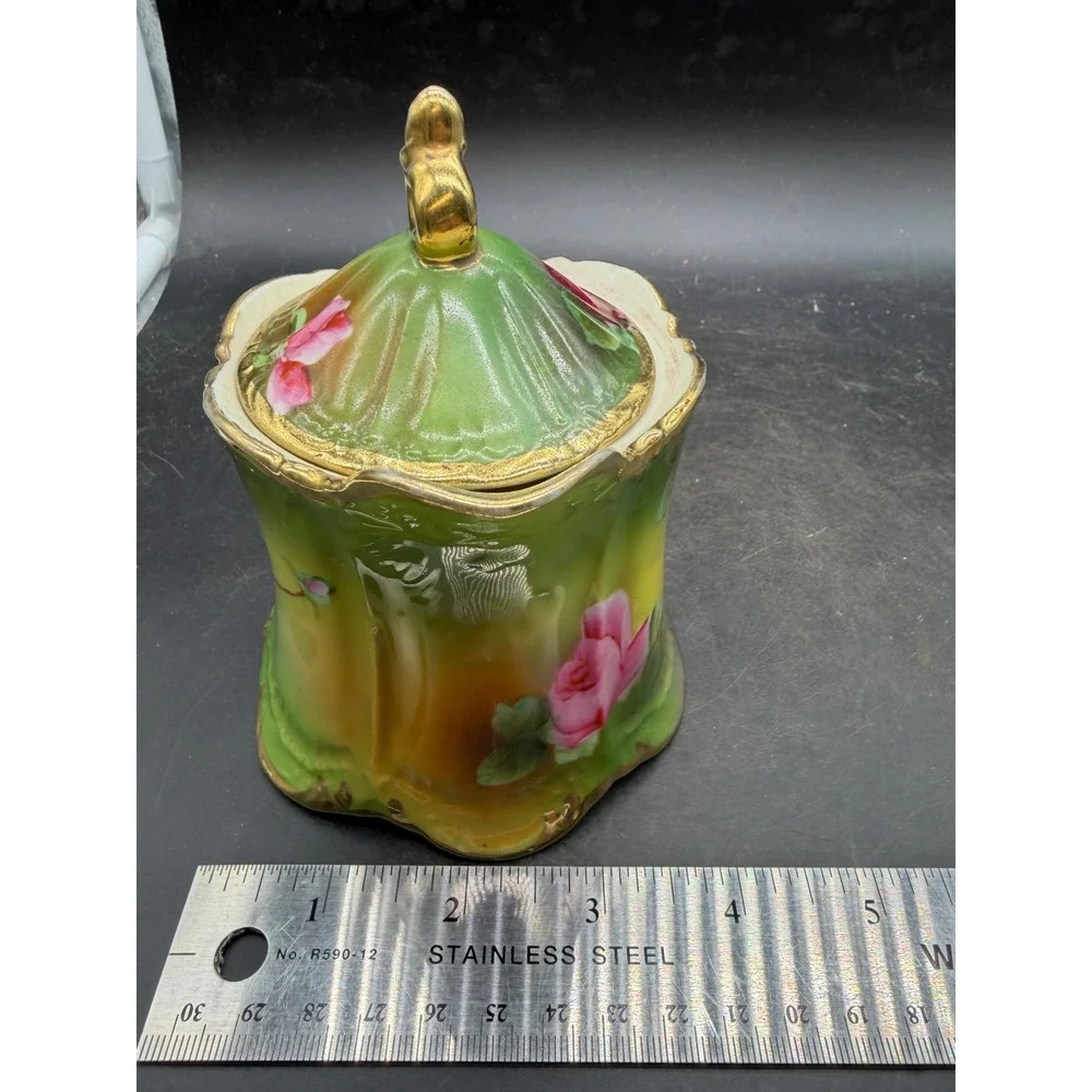 Vintage Hand Painted Porcelain Rose Creamer Pitcher with Saucer and Lid Gilt